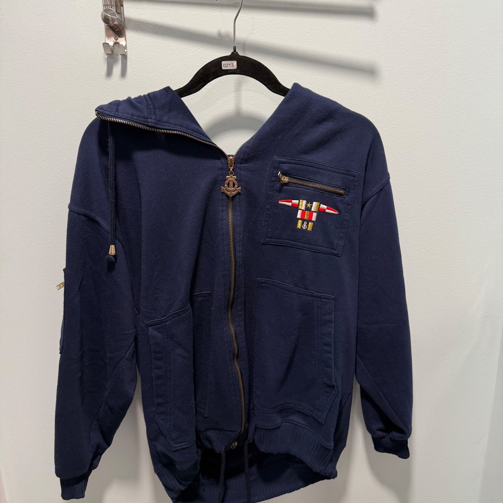 Janeve Nautical Zip Up Hoodie Navy Blue Small Vintage Coastal Sailing Casual